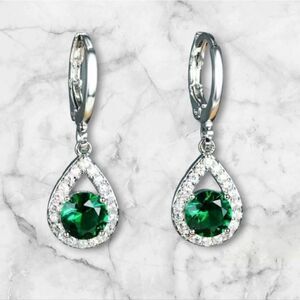 Round White, Red, Blue or Green Sapphire Silver Plated Drop Earrings